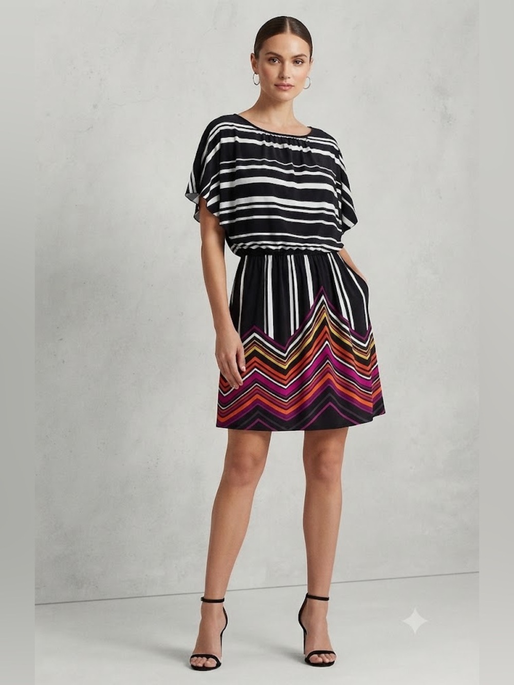 Wishes Wishes Wishes Black Striped Mini Dress with Multicolor Chevron Hem